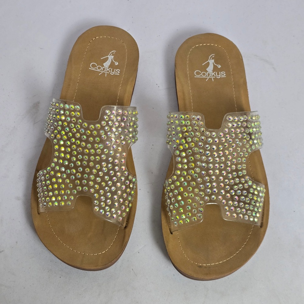 Corkys Womens Iridescent Rhinestone Clear H-Strap Slide Sandals Tan Size 9